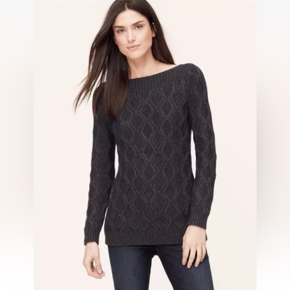 Loft NWT Ballet Boatneck Cable Knit Sweater in Black Wool Blend Classic XS